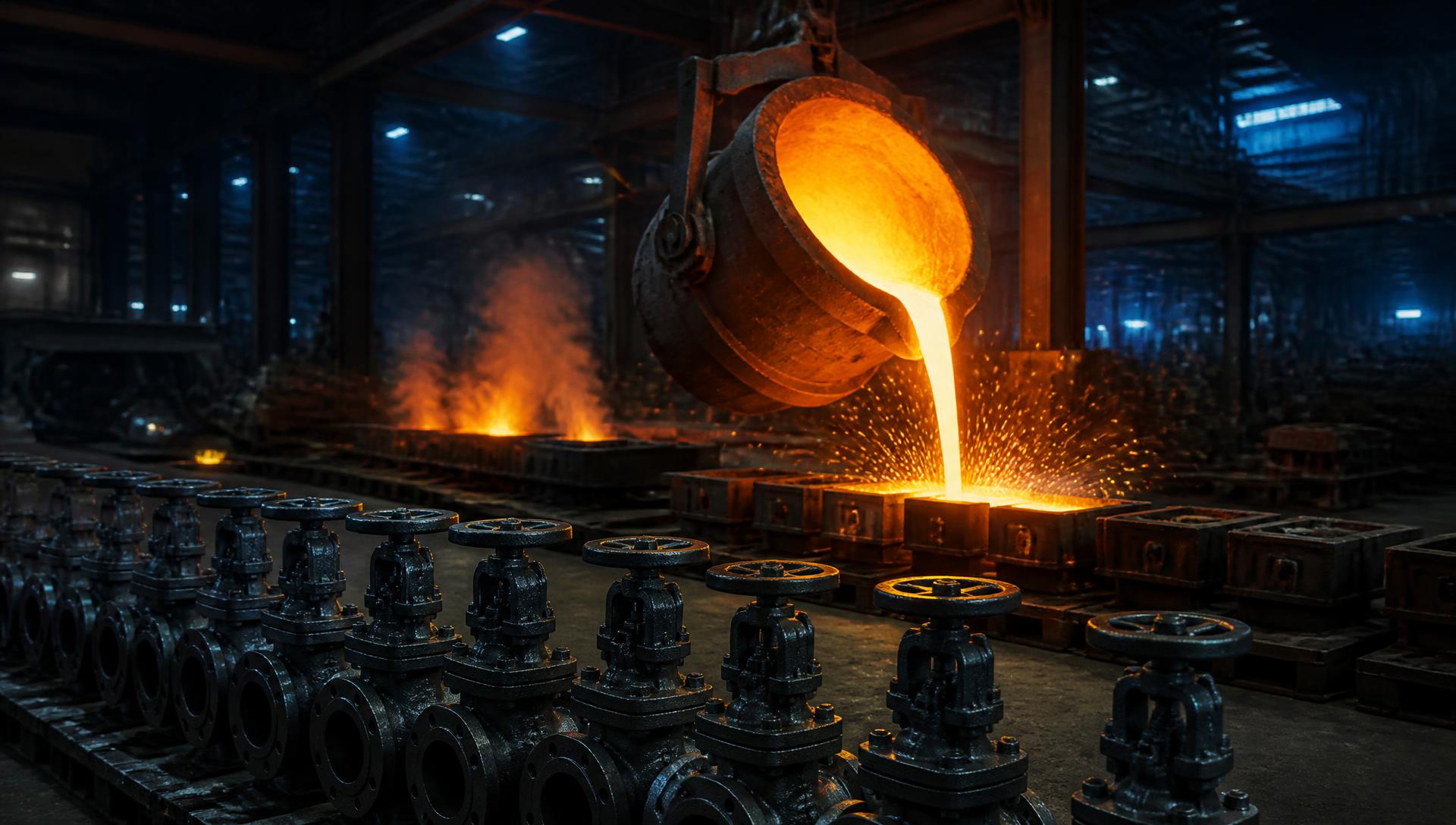 Fundição de ferro derramando metal líquido em moldes, com válvulas em primeiro plano
